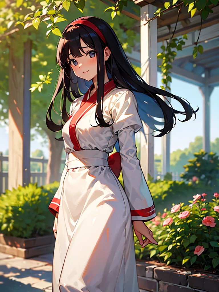 (masterpiece、top-quality、hight resolution), Create an image of a woman with a pure and innocent appearance, dressed in modest and elegant clothing. She should have an air of sophistication and refinement, with a gentle smile and a calm demeanor. The background can be a tasteful and upscale environment, such as a garden or a well-decorated room, emphasizing her outwardly pure and reputable persona. The image should subtly suggest a hidden, more promiscuous side without being explicit. ((red ribbon, hair band))