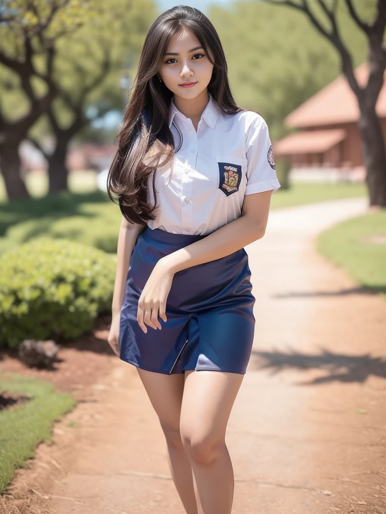 1girl, (uniform), standing, outdoors, detailed face, detailed eyes, thick breasts, shiny skin, short skirt, looking at the audience,(8k, RAW photo, best quality, masterpiece: 1.2), (realistic, realistic: 1.37), ultra-high resolution