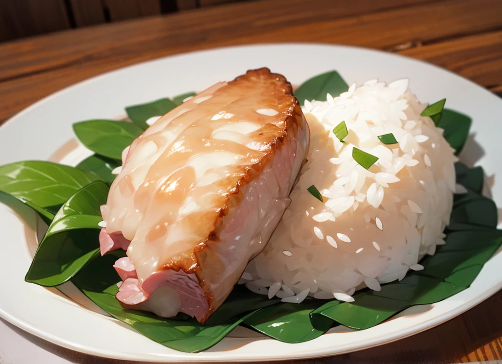 Pork cutlet on rice、On a white table