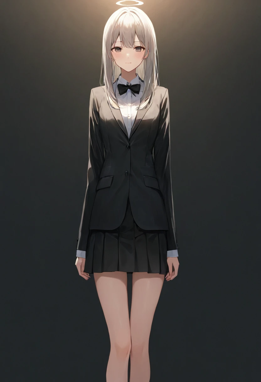 Superb Quality, Masterpiece, High Resolution, Best Quality, UHD, Super Detail, Award-Limited, 16k, (upper body), A beautiful girl, Gray hair, hair, ((heterochromia)), Hanging eye corners, Fair skin, (Small breasts), (Slim body), (Japanese student uniform containing full-chested suit jacket and short skirt)), (Neck ring), (Short gloves as short as half a palm)