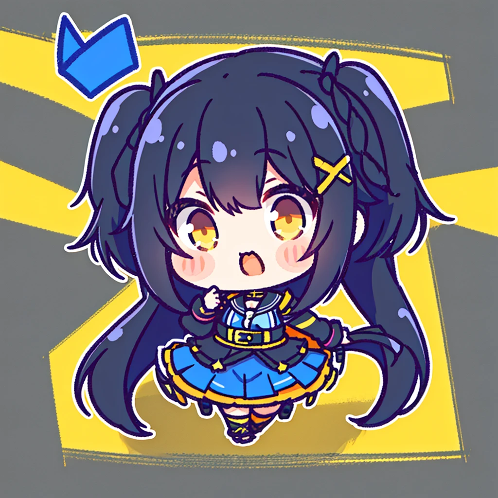 An chibi anime girl with black hair and blue , yellow mixed orange eyes , Best quality , 8k