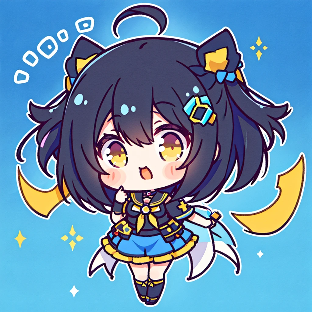 An chibi anime girl with black hair and blue , yellow mixed orange eyes , Best quality , 8k