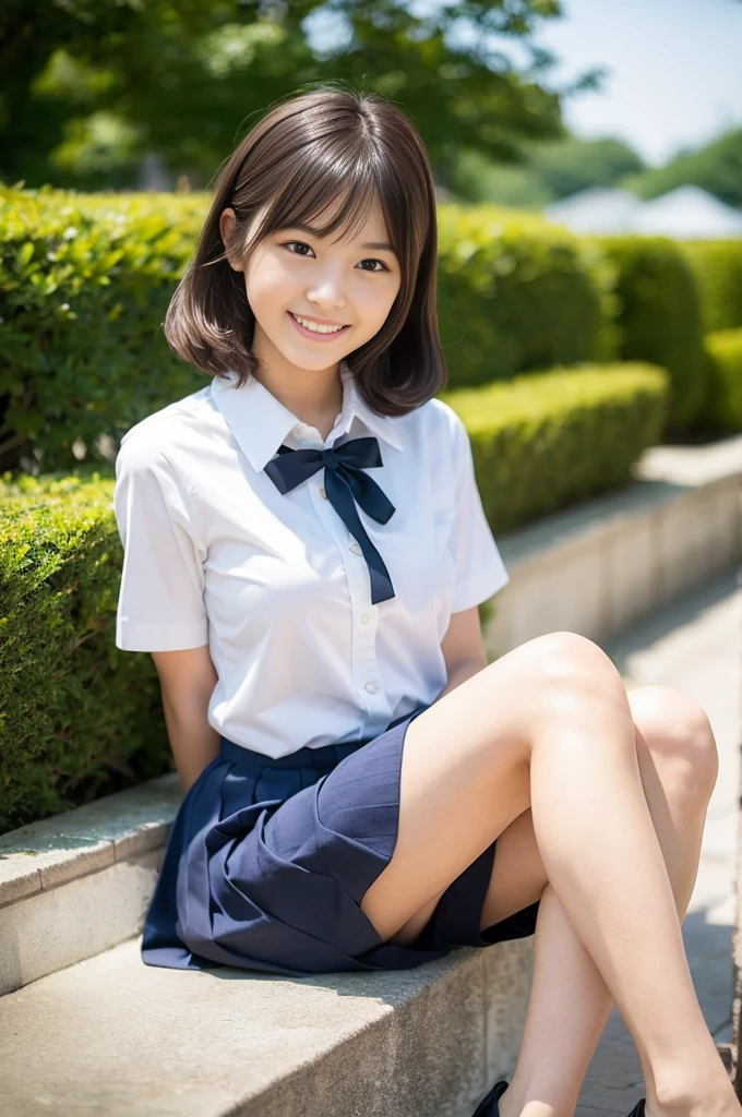 Pure Japanese school girl, outstanding body, beautiful legs, wearing uniform, natural hairstyles, sweet smile, sitting, refreshing in early summer,