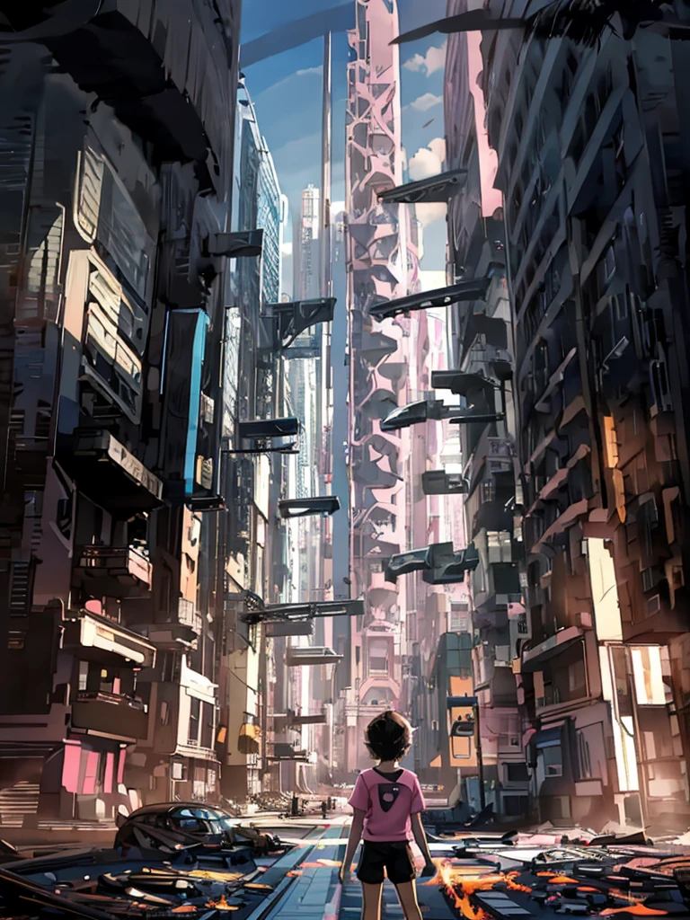 best image], [4k, HD] Boy, short black hair, 11-13 years old, short, light skin, wearing pastel pink shirt, black shorts, back to the Looking at destroyed city on fire, blue fire in the background