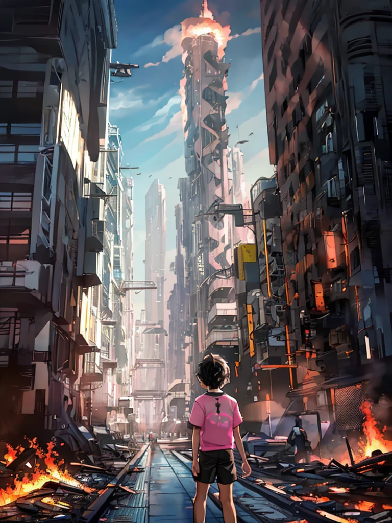 best image], [4k, HD] Boy, short black hair, 11-13 years old, short, light skin, wearing pastel pink shirt, black shorts, back to the Looking at destroyed city on fire, blue fire in the background