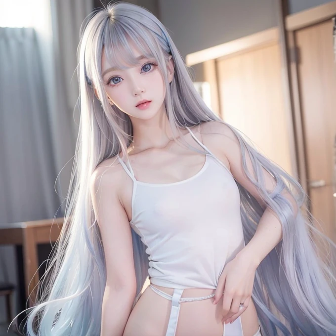 silver shiny hair、Super long straight silky hair、Dazzling blonde super long silky hair、 cute little beautiful face、A beautiful girl、Sparkling blonde dancing in front of a pretty face、Long, silky bangs that cover the space between the eyes、Very beautiful, bright, large, light blue eyes、Very big eyes、Hair that hides the face、Sexy pretty young woman with super long bangs、Very white skin、Cheek gloss highlighter、Small Face Beauty、Round face、Cute Shirts、Ample Bust、nipple、Erect nipples, embarrassed face