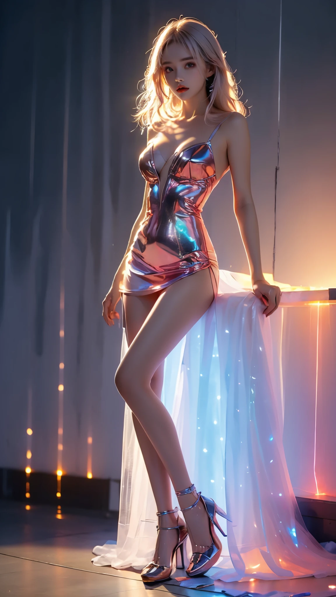 xuer hologram Laser dress, 8K Ultra HD，masterpiece，Top image quality，A beautiful girl，((I-type Valley)), (( Window)), Flowing long hair，Stunning Hairstyle，Crystal texture，sparkling，Skin like jade，Pink dream lights，Vast space background，Sit upright，Full body display，A familiar background。