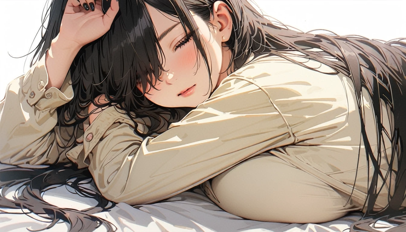 20 years old,1 mature woman,hyperrealistic, 8k, (extremely detailed 8k), (very delicate and beautiful), (masterpiece), (better quality:1.0), (ultra high resolution:1.0), (masterpiece, best quality),cute,black hair,cowboy shot,white background,realistic skin,lie on own stomach,big breasts,sleepy,hair over one eye,black nail,extra long hair,messy hair,pajamas