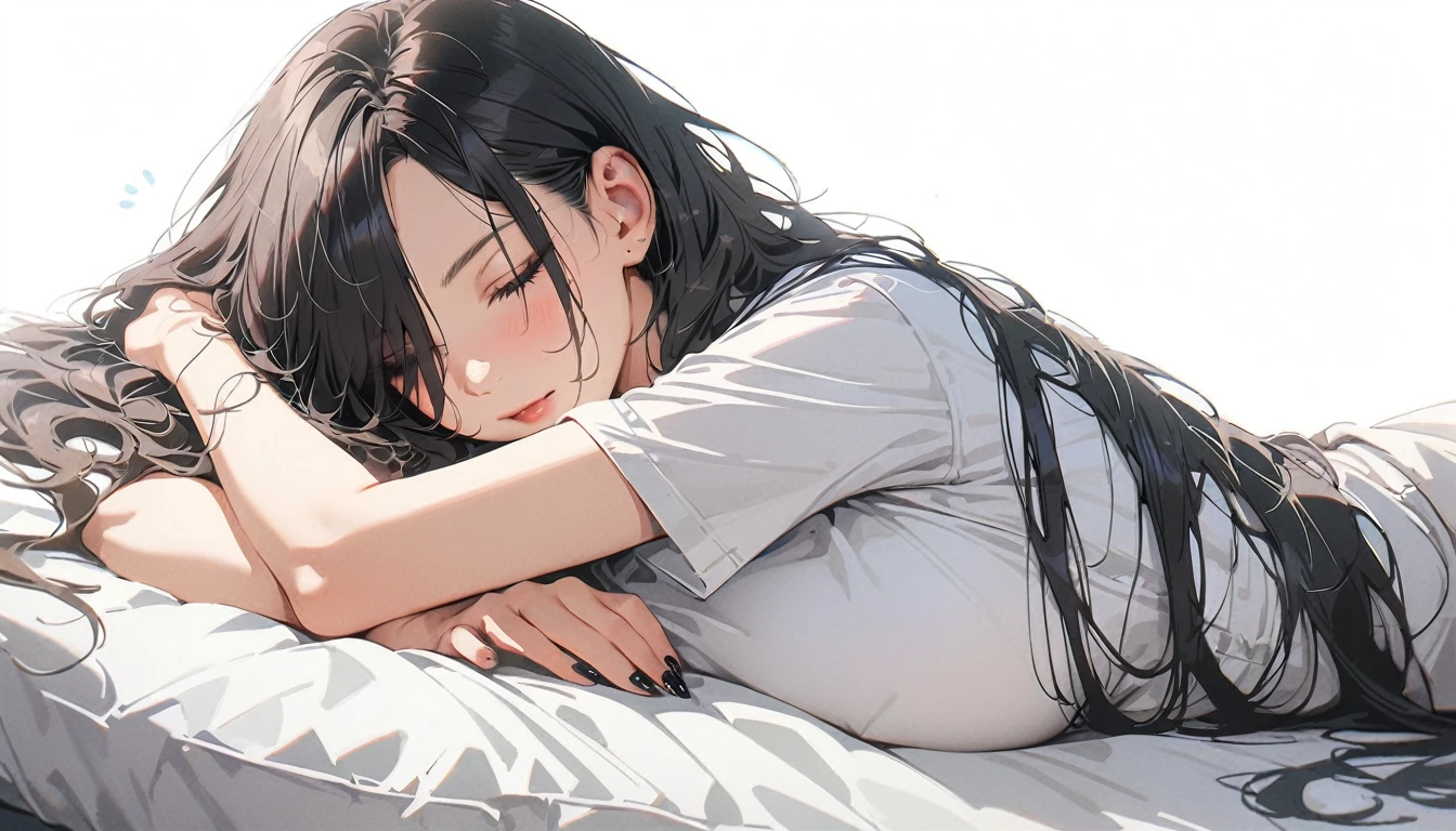 Score_9, score_8_up, score_7_up, score_6_up, score_5_up, score_4_up, 1girl, Himari, black hair,   lying in bed, sleeping, yellow oversized shirt, blanked, closed eyes,  snuggle up, solo, short sleeves,   <lora:Himari:0.8>