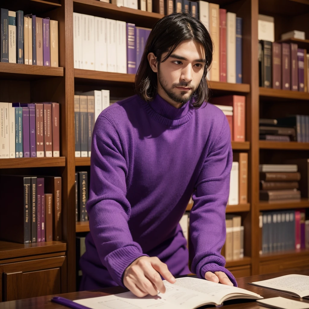 A thoughtful and dedicated man, dressed in purple clothing, representing the INTJ (Architect) MBTI personality type. He is depicted with a focused and caring expression, holding his girlfriend's hand with a sense of deep commitment. They are in a serene and intellectually stimulating environment, such as a cozy library or a peaceful study, highlighting his strategic thinking and loyalty. The colors should be vivid, with the purple of his attire emphasizing his personality type.