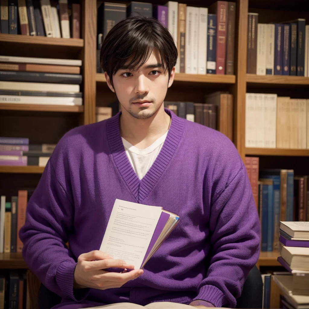 A thoughtful and dedicated man, dressed in purple clothing, representing the INTJ (Architect) MBTI personality type. He is depicted with a focused and caring expression, holding his girlfriend's hand with a sense of deep commitment. They are in a serene and intellectually stimulating environment, such as a cozy library or a peaceful study, highlighting his strategic thinking and loyalty. The colors should be vivid, with the purple of his attire emphasizing his personality type.
