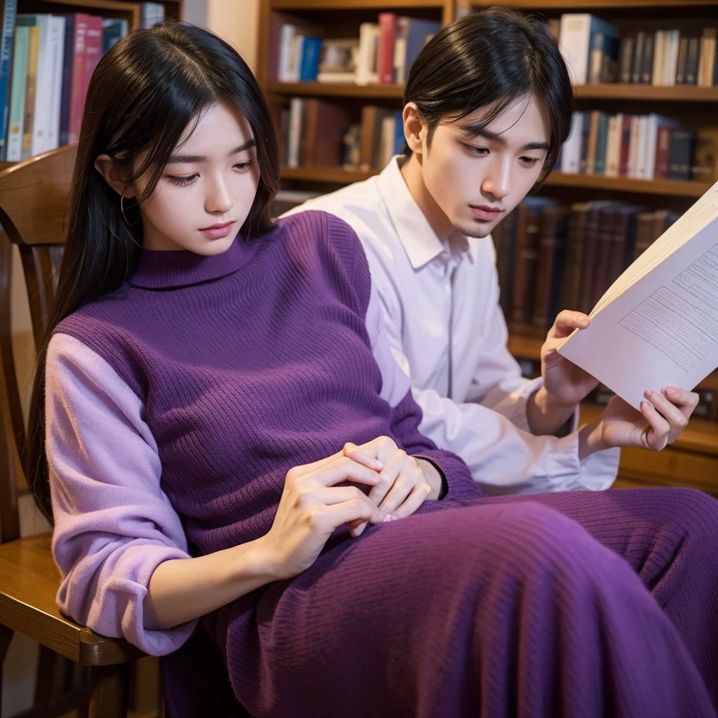 A thoughtful and dedicated man, dressed in purple clothing, representing the INTJ (Architect) MBTI personality type. He is depicted with a focused and caring expression, holding his girlfriend's hand with a sense of deep commitment. They are in a serene and intellectually stimulating environment, such as a cozy library or a peaceful study, highlighting his strategic thinking and loyalty. The colors should be vivid, with the purple of his attire emphasizing his personality type.