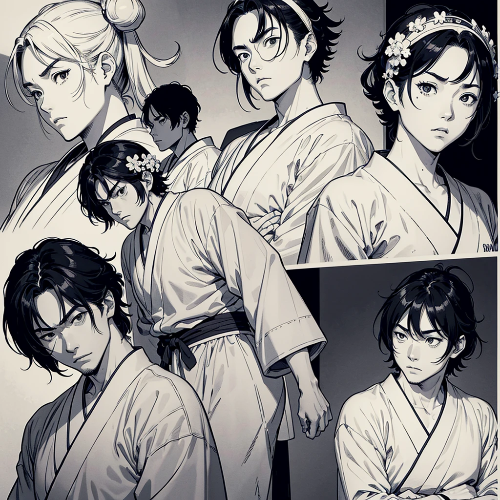 Japanese cartoonist Takehiko Inoue style，Generate comic scenes，Have different expressions and gestures，Wearing traditional clothes，Exquisite details，High-resolution，Center the composition，The style references traditional Chinese art ratio 16:9 heroic、Japanese black and white comic line drawing style，light beige bottom