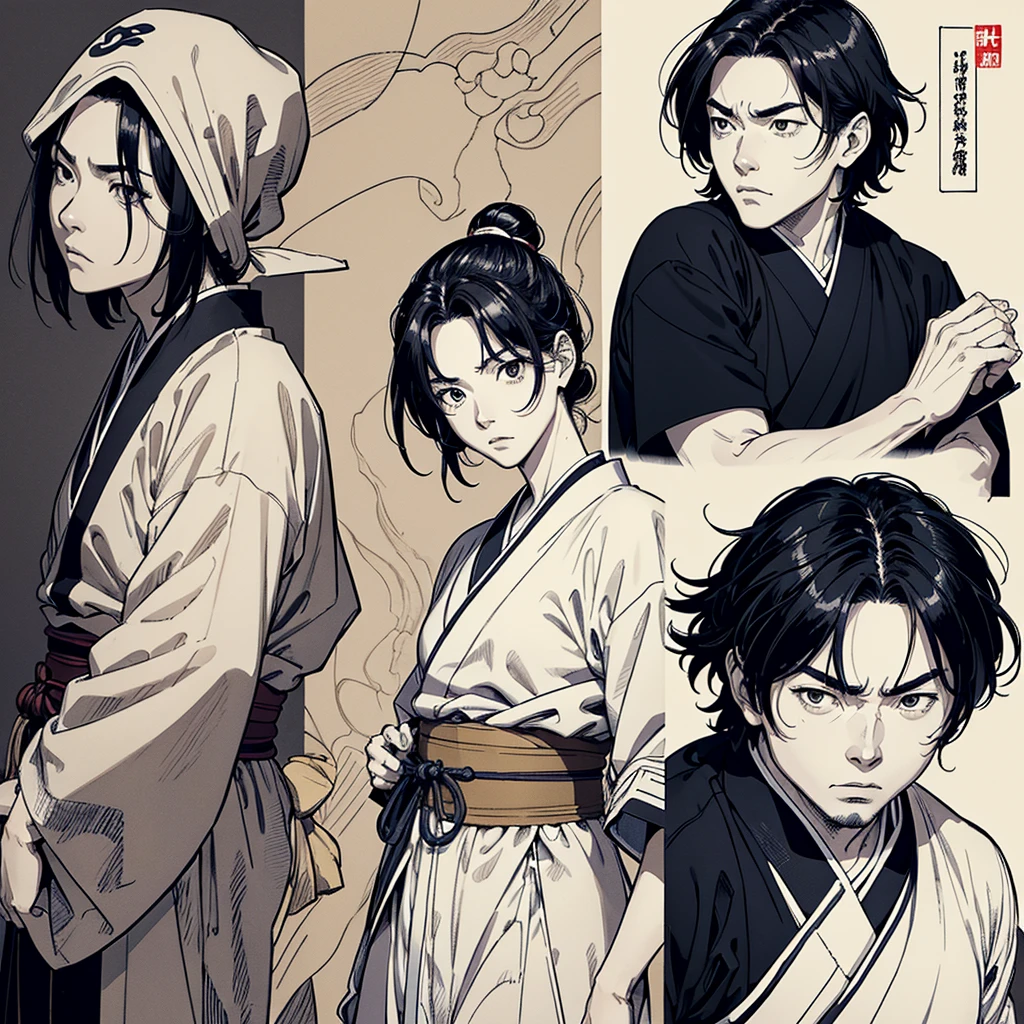 Japanese cartoonist Takehiko Inoue style，Generate comic scenes，Have different expressions and gestures，Wearing traditional clothes，Exquisite details，High-resolution，Center the composition，The style references traditional Chinese art ratio 16:9 heroic、Japanese black and white comic line drawing style，light beige bottom