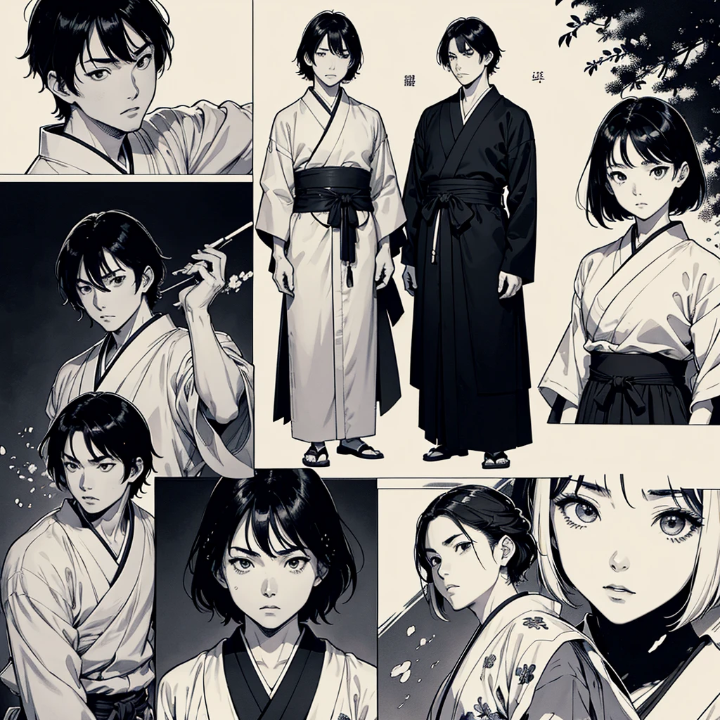 Japanese cartoonist Takehiko Inoue style,Generate comic scenes,Have different expressions and gestures,Wearing traditional clothes,Exquisite details,High-resolution,Center the composition,The style references traditional Chinese art ratio 16:9 heroic、Japanese black and white comic line drawing style,light beige bottom