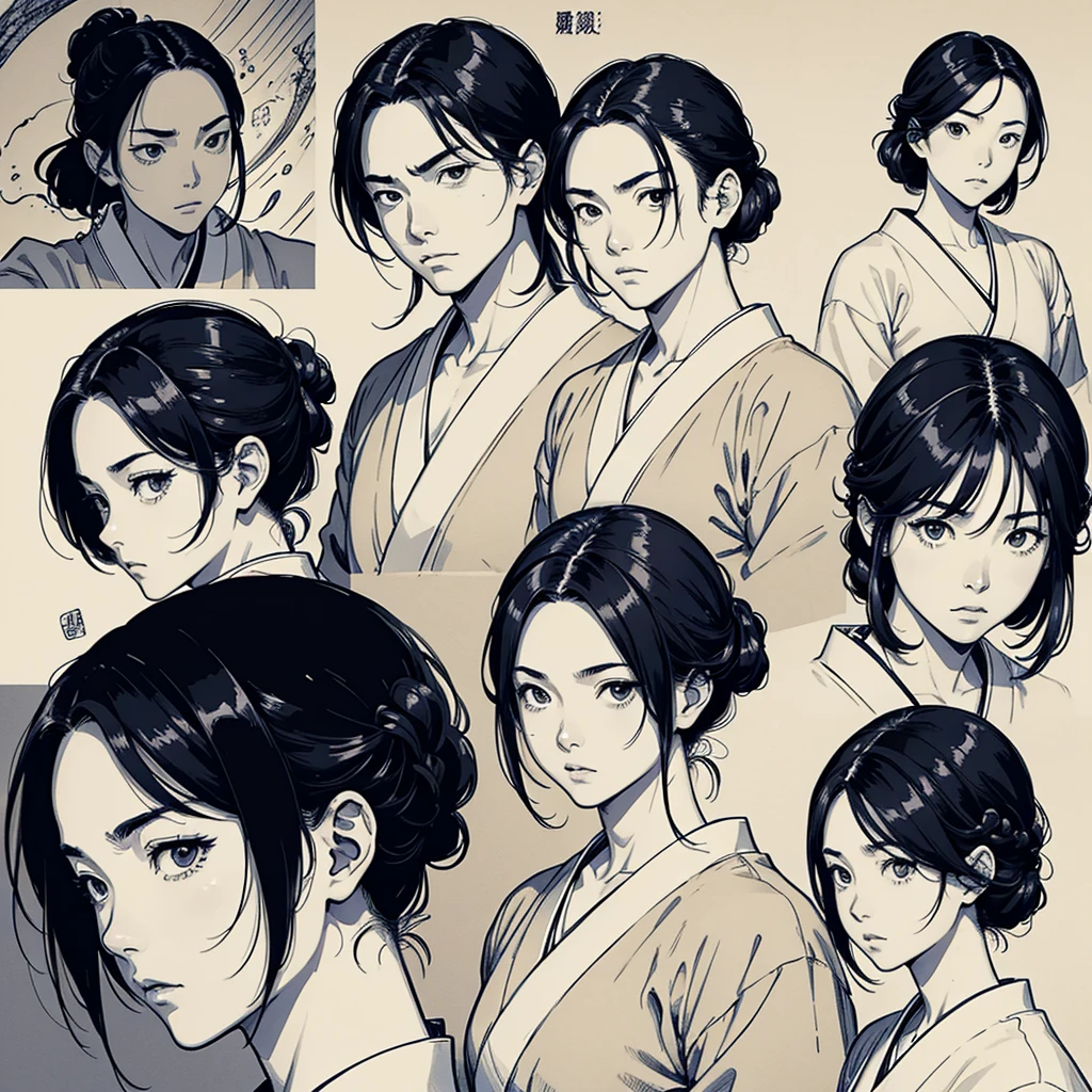 Japanese cartoonist Takehiko Inoue style,Generate comic scenes,Have different expressions and gestures,Wearing traditional clothes,Exquisite details,High-resolution,Center the composition,The style references traditional Chinese art ratio 16:9 heroic、Japanese black and white comic line drawing style,light beige bottom
