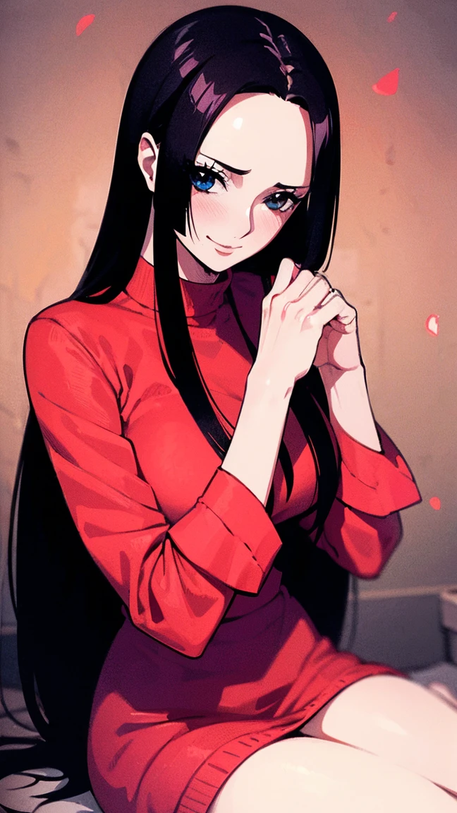 best quality, masterpiece, highly detailed,1girl, ((rose)), (vine), cage, bandage, red rope, (detail light), falling rose petals, Boa Hancock,, (masterpiece:1.5), Detailed Photo, Smiling,(8K, Photorealistic, Best Quality: 1.4), (1girl), Beautiful Face, (anime realistic Face), (Black Hair, long Hair: 1.3), Beautiful Hairstyle, Realistic eyes, beautiful detail eyes, (realistic skin), beautiful skin, (sweater), absurd, attractive, ultra high resolution, ultra realistic, high definition, golden ratio,