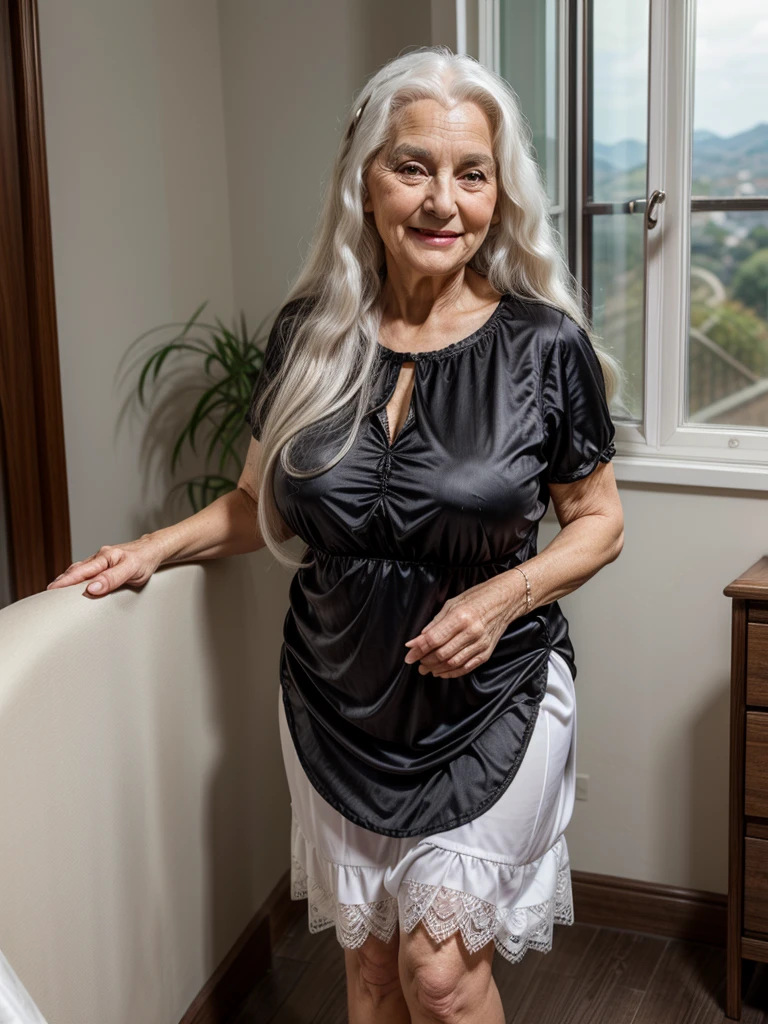 Mature old woman 80 years with long curly white hair, plus size, old face and body with many wrinkles, loose skin, smiling standing near the window with beautiful view, posing for photo, She wearing satin black dress with white pattern and white lace stockings side view. jaw dropping mature older beauty, old face and body with wrinkles, old face, attractive grandma, a gorgeous old hair, beautiful old grandma, lovely older mature grandma, gorgeous beautiful grandma over 80 years old, beautiful long curly white hair grandma, beautiful detailed body and face, a beautiful old granny