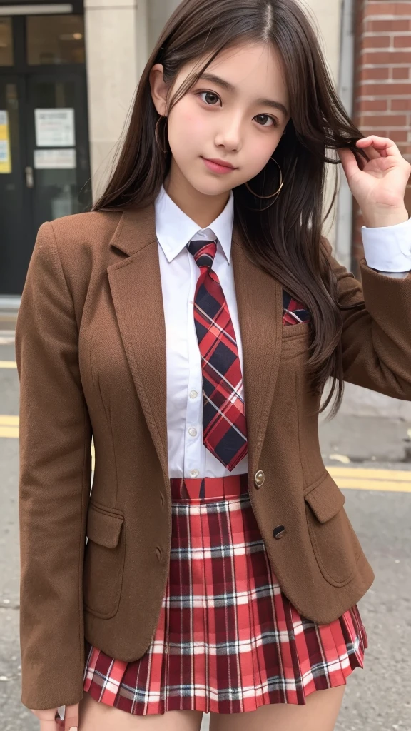 18-year-old high school girl、Brown Blazer Uniform、Red checkered mini skirt、Upper body close-up