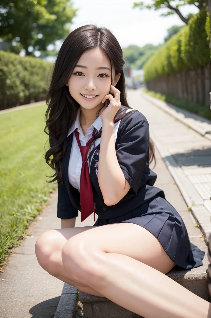 Pure Japanese school girl, outstanding body, beautiful legs, wearing uniform, natural hairstyles, sweet smile, sexual attractive, sitting, refreshing in early summer, 