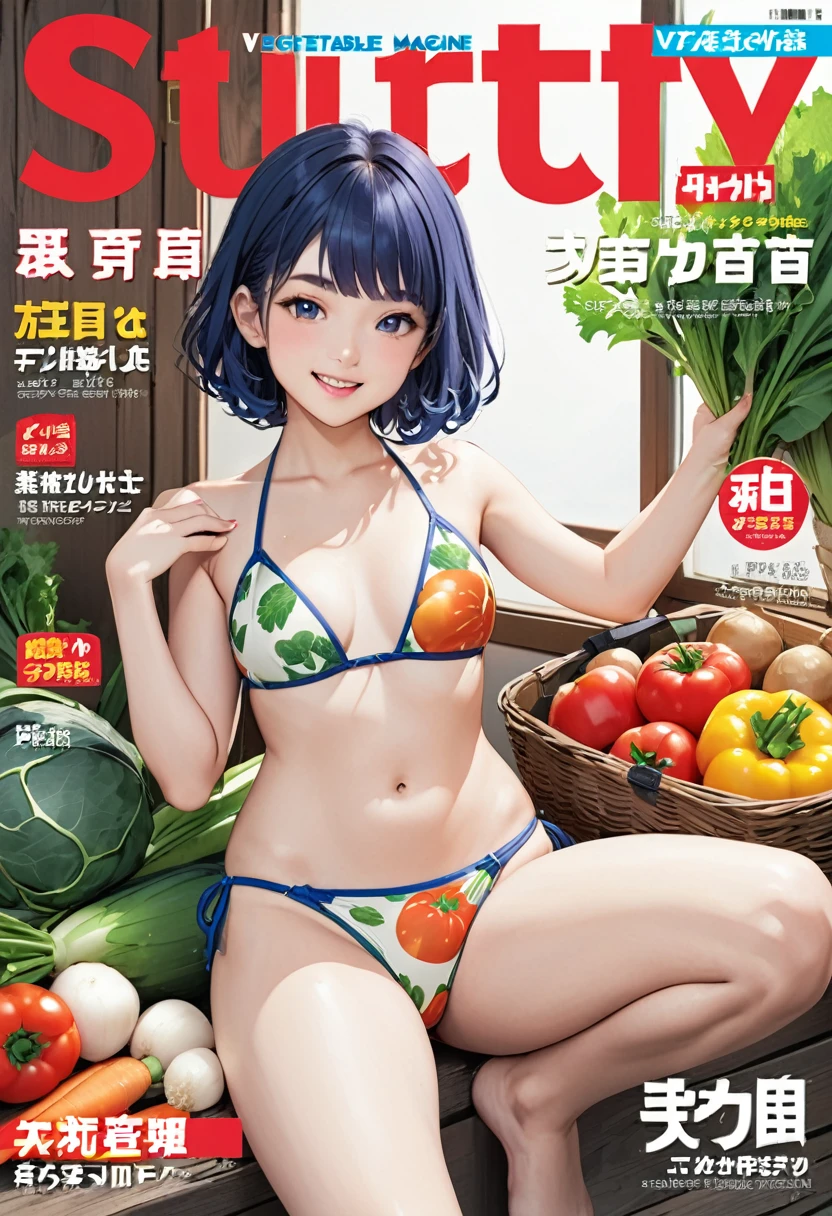 (vegetable magazine cover:1.3),(masterpiece, best quality:1.1),A gravure photo of a vegetable costume girl, cute,with a slutty posing ,vegetable pattern bikini,slutty posing,summer,whole body,BREAK.(tween,detailed face,(darkblue wavy-short hair),eyebrows,middle small breast),smile,watermelon