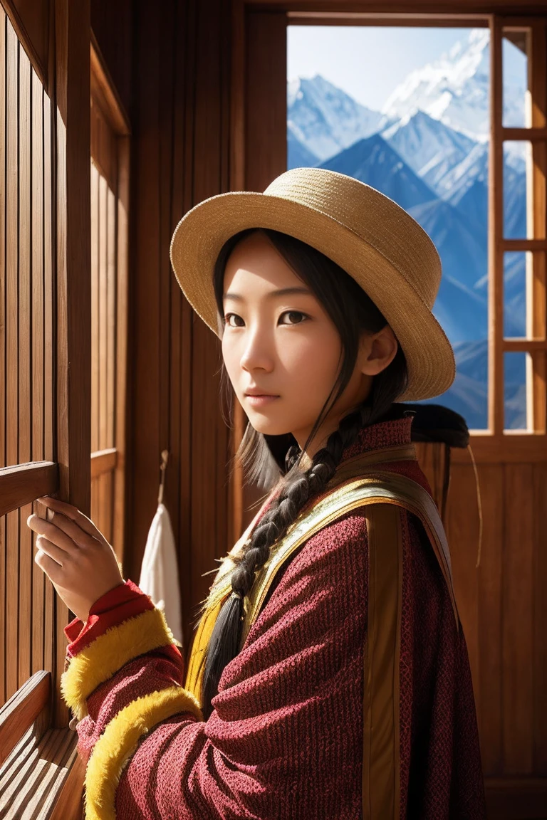surrealism, Verism, Chiaroscuro, Depth of field, Cinematic lighting, movie picture quality，strong contrast of light and shadow，back lit lighting, filmgrain, hyper HD, Masterpiece, ccurate, Textured skin, Super detail, High details, High quality, Best quality, A high resolution, 8K,The scene is the scenery of the Qinghai-Tibet Plateau，There are snowy mountains，prayer flags，wooden cabin，「A beautiful 28-year-old Tibetan girl」，The costumes are Tibetan art costumes，Photographic style