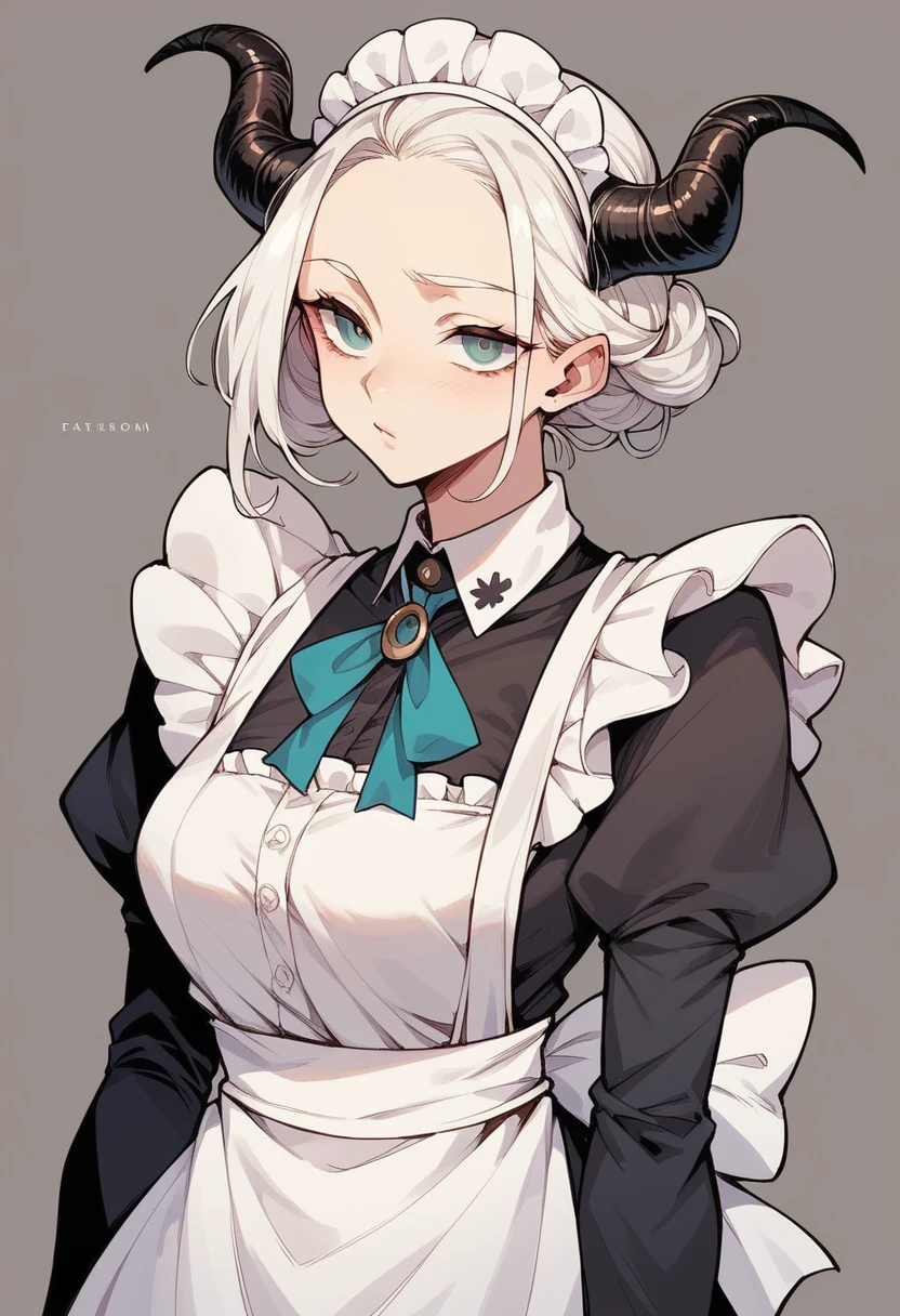 White-haired girl with a horn on her forehead and a maid's dress that exposes her abdomen
