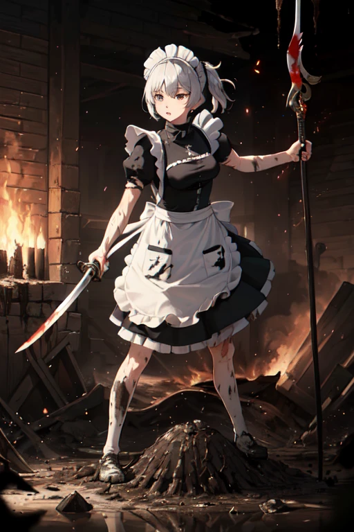 ((Highest quality:1.6)), ((Ultra-high resolution:1.6)), ((masterpiece)), (detailed:1.4), (detailedな顔), girl, cute, strong, Serious, Small breasts, Silver Hair, Fighting with a large sword, (black and white maid outfit, Black Dress, Headband, Long, Classic, Short sleeve), scratch, Blood, ((Apron is torn:1.4)), ((衣服に剣で斬れたscratch:1.6)), Fighting with a giant sword, (剣の斬撃によるscratch:1.6, Hit:1.6), Combat Ready, (Damage to waist apron:1.6), Big crisis, being cornered, 燃えているbattlefield, battlefield, explosion, Flaming, war, (Severe dirt all over the body, Covered in mud, Covered in charcoal:1.6), (Shabby maid:1.6), Holding a two-handed sword, Pointing the blade at the enemy, Tsuba competition, Suppress the enemy, Swinging a sword with both hands, Shootout, 