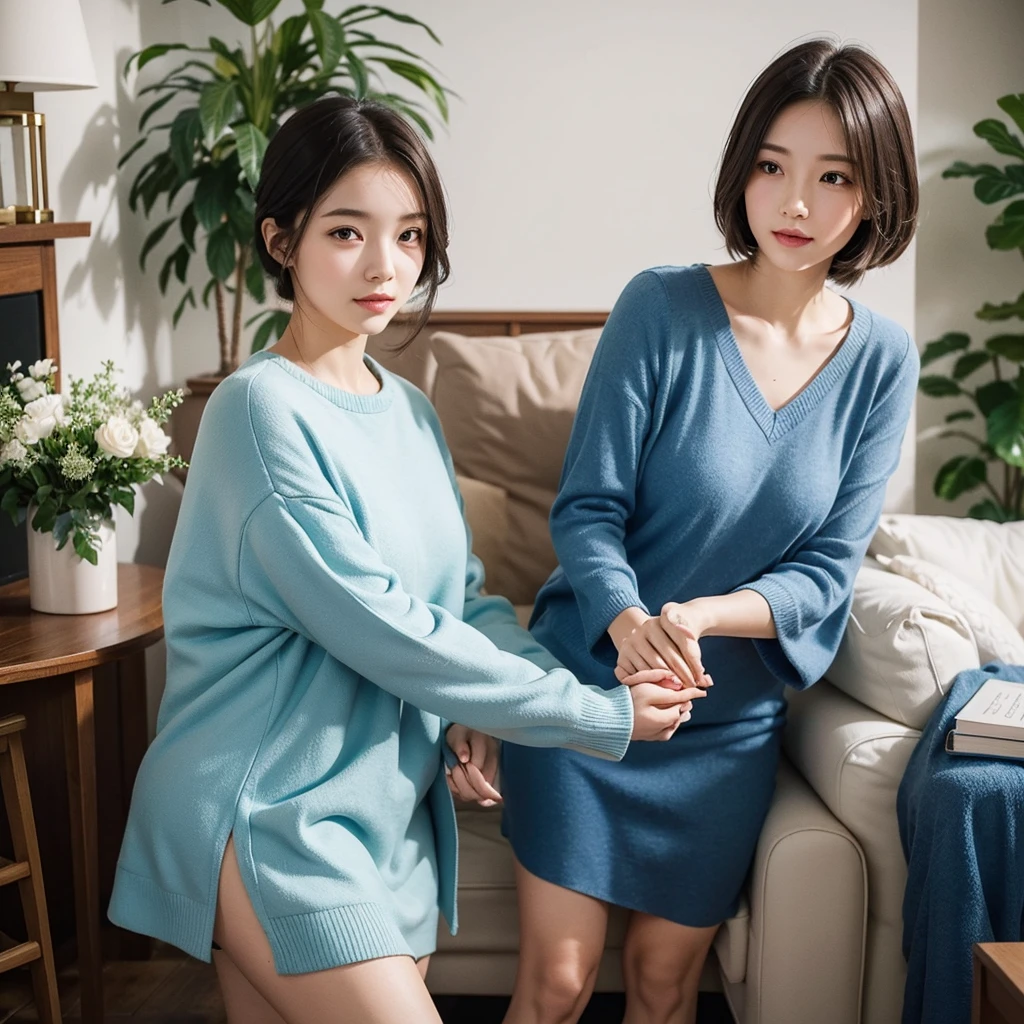 A devoted and nurturing woman, dressed in blue clothing, representing the ISFJ (Defender) MBTI personality type. She is depicted with a gentle and loving expression, holding her boyfriend's hand tenderly. They are in a warm and inviting environment, such as a cozy living room or a beautiful garden, highlighting her caring nature and unwavering loyalty. The colors should be soft and inviting, with the blue of her attire standing out to emphasize her personality type.
