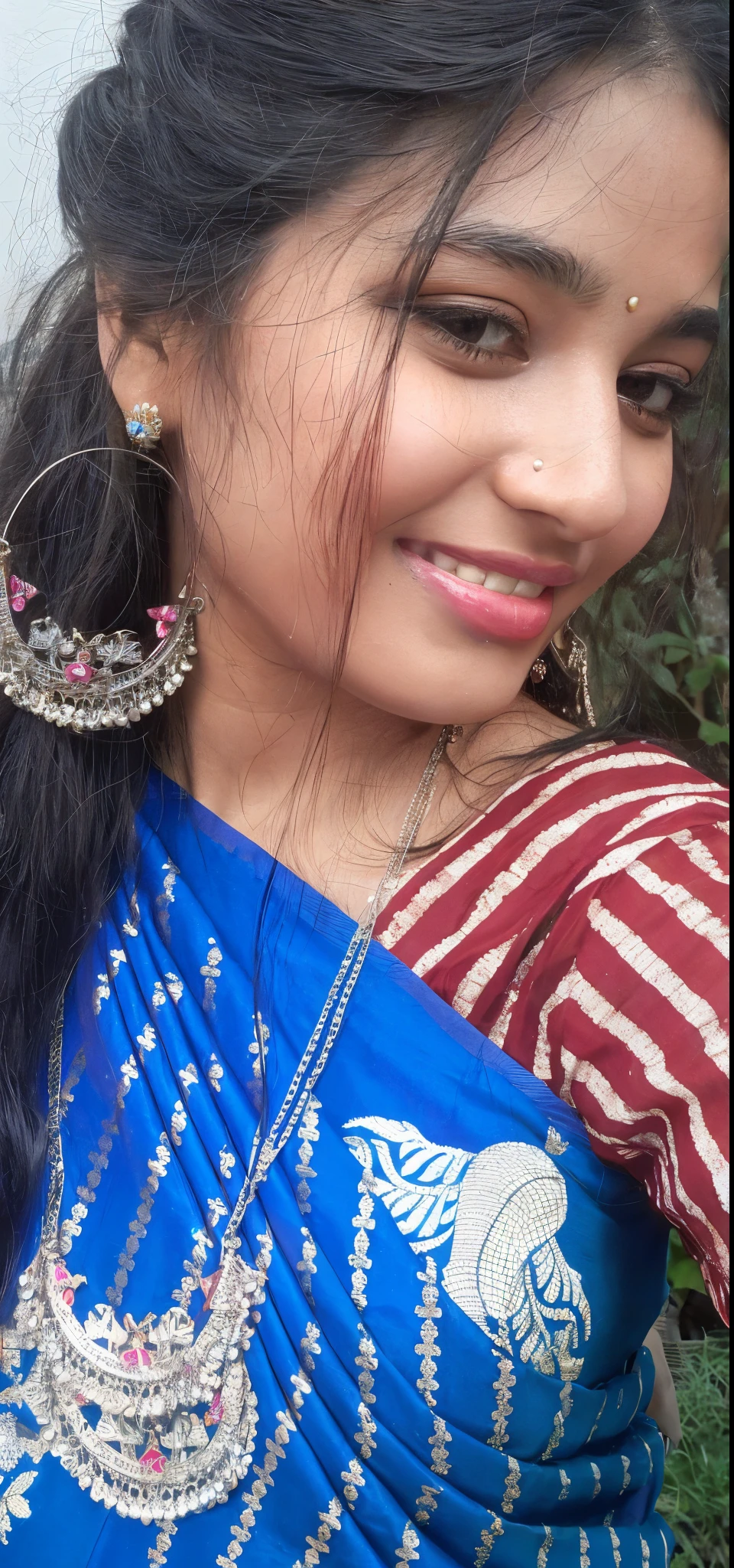 1girl in, 19, Solo, Long hair, Colossal , Looking at Viewer, black hair, Bare shoulders, Brown eyes, jewely, Full body, a necklace, off shoulders, salwar and dupatta, Realistic, A sexy