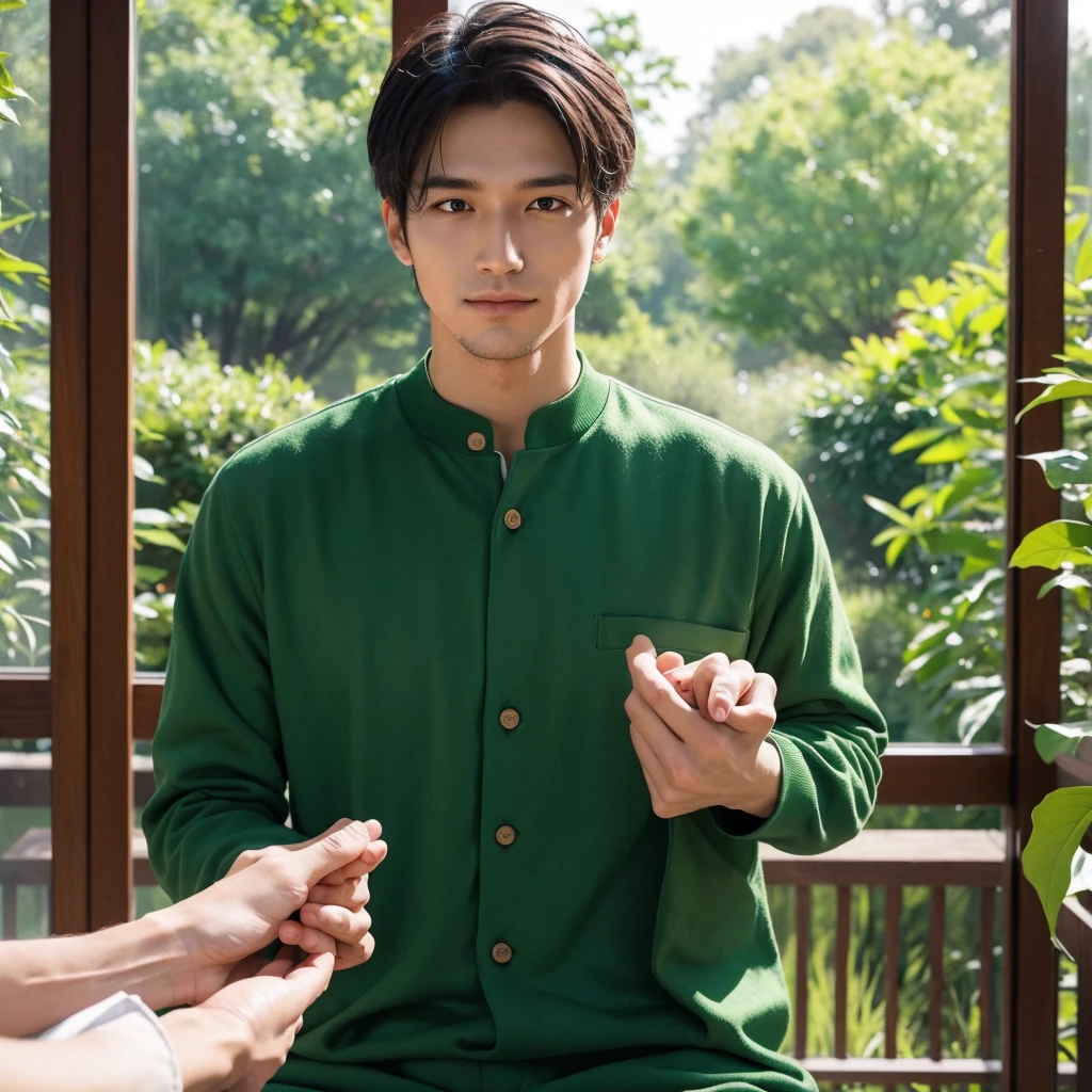 A passionate and idealistic man, dressed in green clothing, representing the INFJ (Advocate) MBTI personality type. He is depicted with a sincere and caring expression, holding his girlfriend's hand with a deep sense of commitment. They are in an inspiring and serene environment, such as a tranquil park or a cozy, thoughtfully decorated room, highlighting his idealism and loyalty. The colors should be vibrant, with the green of his attire emphasizing his personality type.