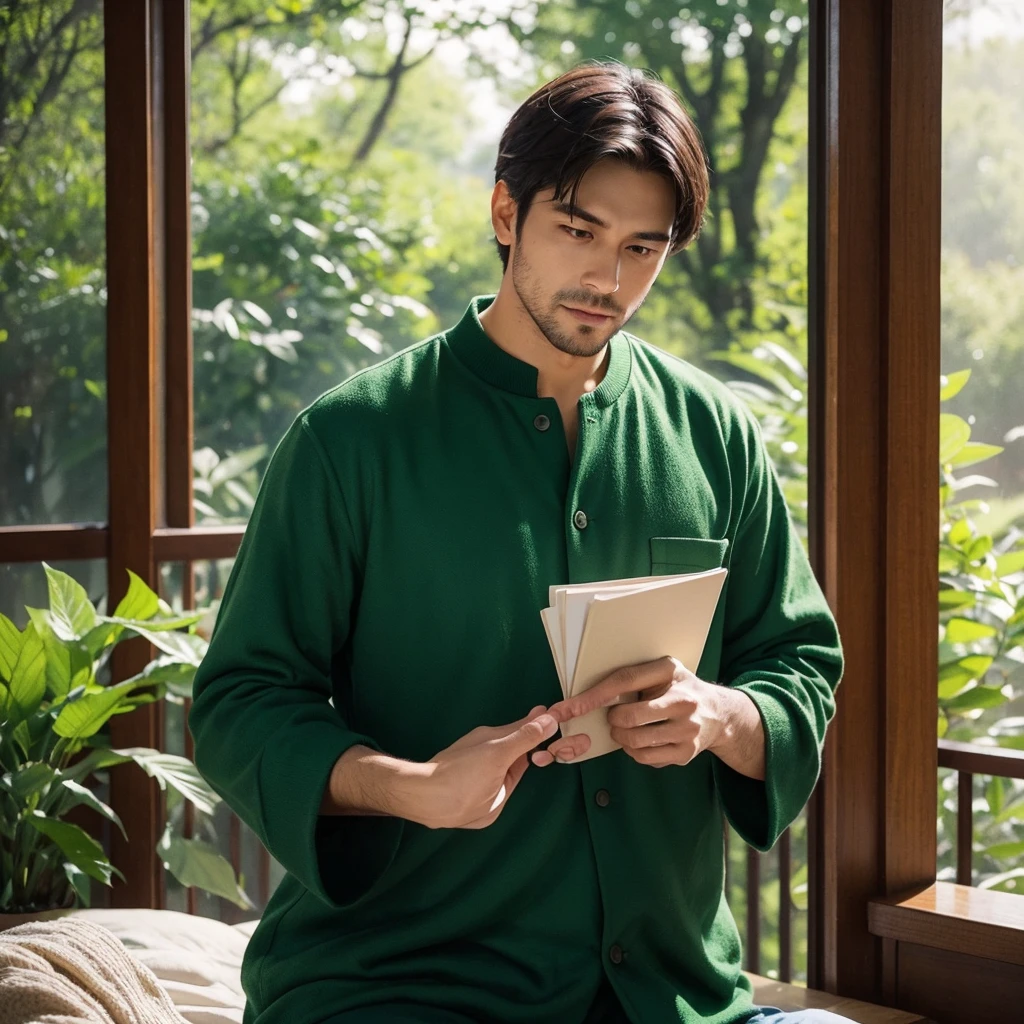 A passionate and idealistic man, dressed in green clothing, representing the INFJ (Advocate) MBTI personality type. He is depicted with a sincere and caring expression, holding his girlfriend's hand with a deep sense of commitment. They are in an inspiring and serene environment, such as a tranquil park or a cozy, thoughtfully decorated room, highlighting his idealism and loyalty. The colors should be vibrant, with the green of his attire emphasizing his personality type.