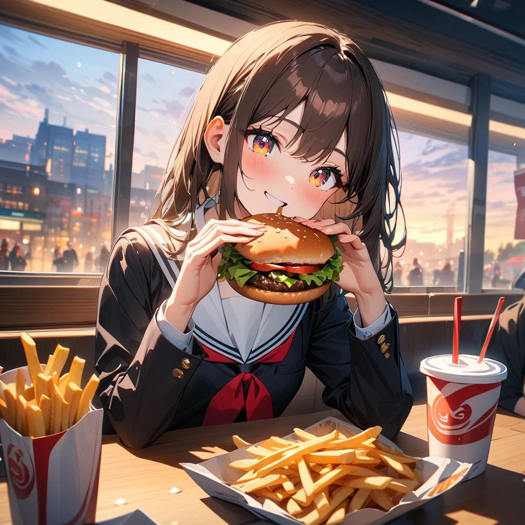 (masterpiece:1.5), highest quality, super detailed, very detailed, exquisite, 16k, full HD, very aesthetic, absurdres, anime style, 1girl, high school girl, female, 17 years old, shoulder-length brown hair, brown hair, smiling, , sailor uniform or blazer and skirt, holding a hamburger, taking a bite, bright lighting, lively atmosphere of a fast food restaurant, table with fries and a drink, other students in the background, evening cityscape outside the window, soft light illuminating the interior, sharp focus on subject, vivid colors, cheerful and warm atmosphere