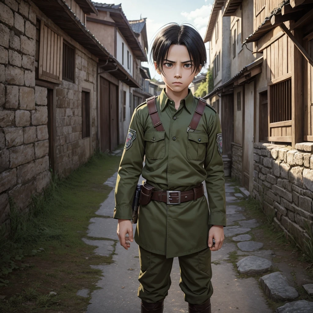 1 young boy, cartoon style, levi ackerman, super deformed character, A detailed illustration of a cute cute kawaii chibi in an ancient village, Levi from the anime Attack on Titan, sword in hand vertical maneuvering equipment, narrow, intimidating dull gray eyes with dark circles and a deceptively youthful face, frowning or expressionless, em seu uniforme do Survey Corps com capa verde com capuz, Serious humor, amazing full color, high qualiy, highy detailed, 8K Ultra-HD