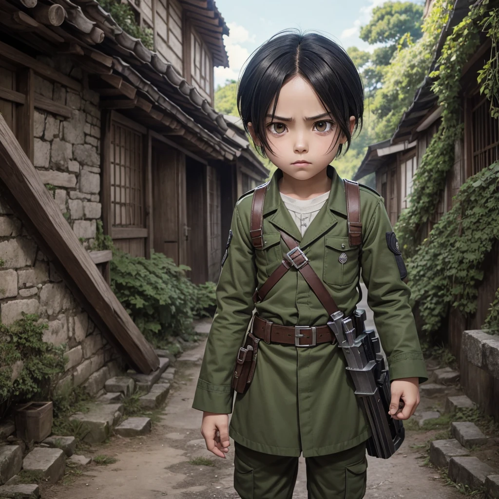 ung boy, cartoon style, levi ackerman, super deformed character, A detailed illustration of a cute cute kawaii chibi in an ancient village, Levi from the anime Attack on Titan, sword in hand vertical maneuvering equipment, narrow, intimidating dull gray eyes with dark circles and a deceptively youthful face, frowning or expressionless, em seu uniforme do Survey Corps com capa verde com capuz, Serious humor, amazing full color, high qualiy, highy detailed, 8K Ultra-HD