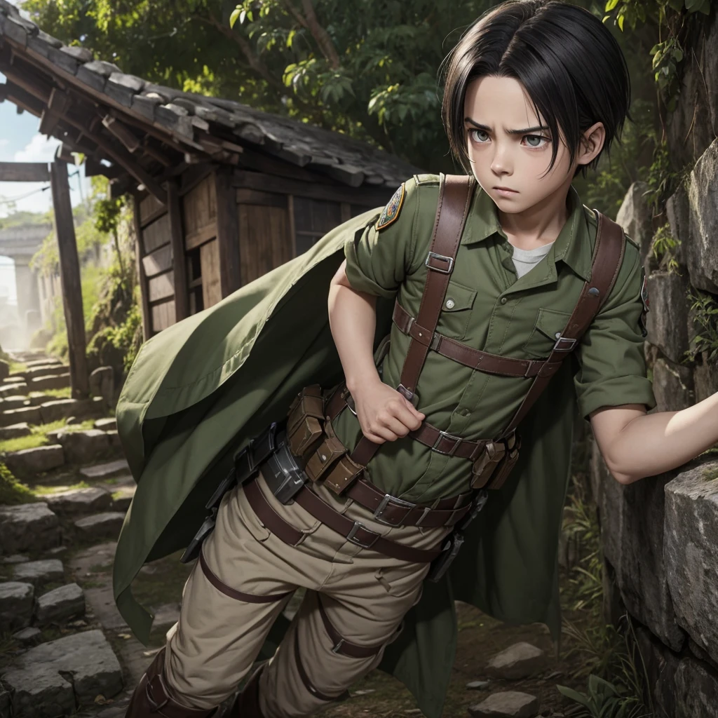 1 young boy, cartoon style, levi ackerman, super deformed character, A detailed illustration of a cute cute kawaii chibi in an ancient village, Levi from the anime Attack on Titan, sword in hand vertical maneuvering equipment, narrow, intimidating dull gray eyes with dark circles and a deceptively youthful face, frowning or expressionless, em seu uniforme do Survey Corps com capa verde com capuz, Serious humor, amazing full color, high qualiy, highy detailed, 8K Ultra-HD
