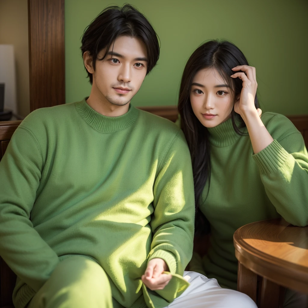A passionate and idealistic man, dressed in green clothing, representing the INFJ (Advocate) MBTI personality type. He is depicted with a sincere and caring expression, holding his girlfriend's hand with a deep sense of commitment. They are in an inspiring and serene environment, such as a tranquil park or a cozy, thoughtfully decorated room, highlighting his idealism and loyalty. The colors should be vibrant, with the green of his attire emphasizing his personality type.