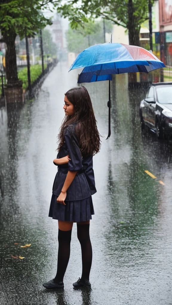 One girl, rain-wet hair, rain-wet clothes, rain-wet legs, rain-wet face, messy hair, whole body wet with rain, (((school uniform))), 20 years old, beautiful woman, pretty face, cute face, rainy cityscape