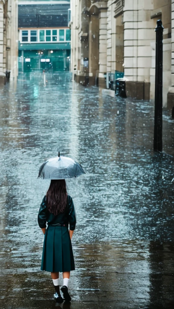 One girl, rain-wet hair, rain-wet clothes, rain-wet legs, rain-wet face, messy hair, whole body wet with rain, (((school uniform))), 20 years old, beautiful woman, pretty face, cute face, rainy cityscape