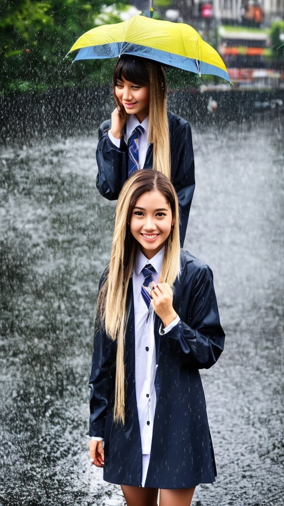 One girl, rain-wet hair, rain-wet clothes, rain-wet legs, rain-wet face, messy hair, whole body wet with rain, (((school uniform))), 20 years old, beautiful woman, pretty face, cute face, rainy cityscape