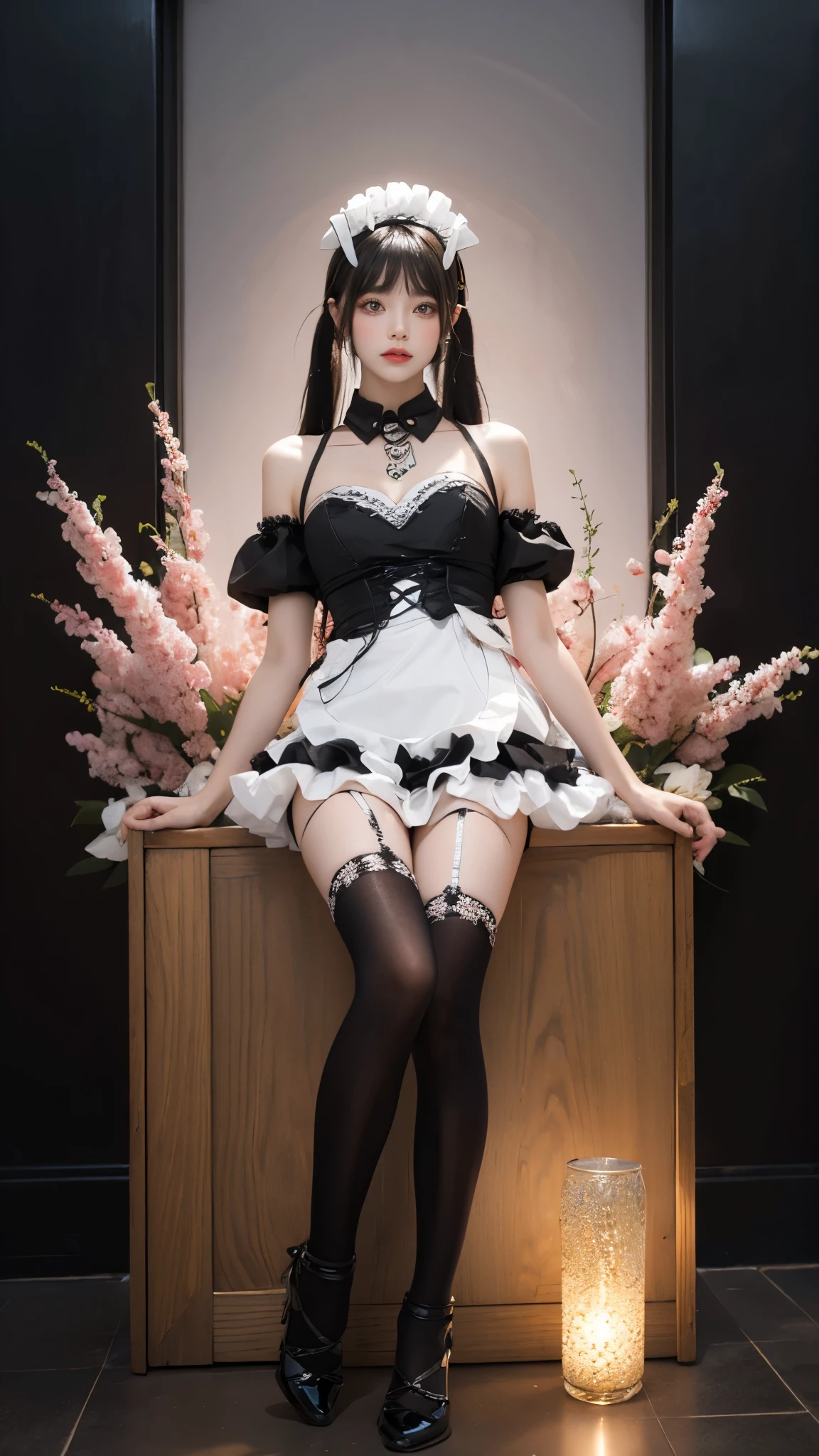 black thighhighs,dress,hitman,maid,maid headdress,thighhighs,, 8K Ultra HD，masterpiece，Top image quality，A beautiful girl，((I-type Valley)), ((Chest Window)), Flowing long hair，Stunning Hairstyle，Crystal texture，sparkling，Skin like jade，Pink dream lights，Vast space background，Sit upright，Full body display，A familiar background。