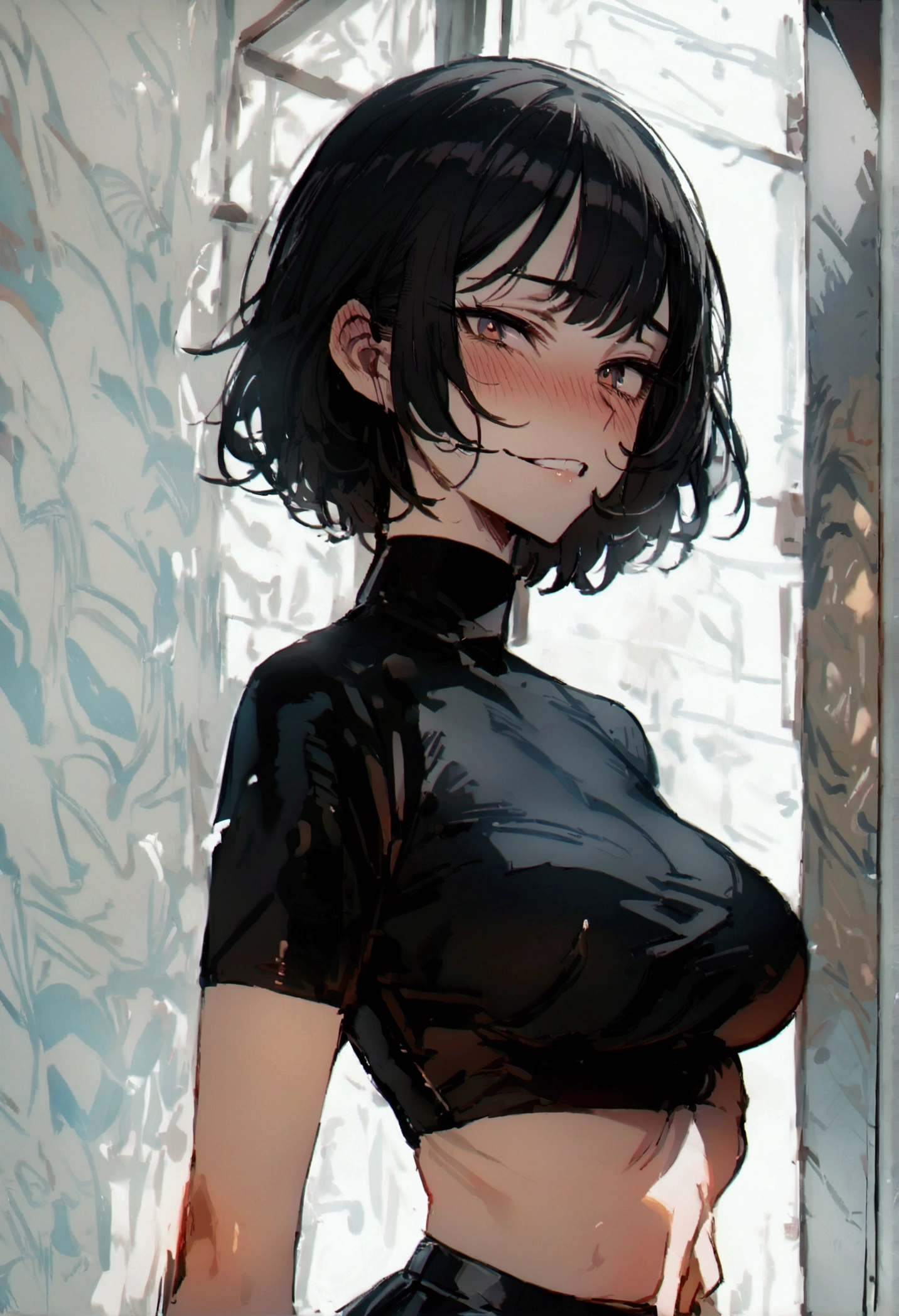 masterpiece, best quality 1girl, solo, beautiful woman, bangs, black hair, short hair, bob cut, dark brown eyes, deep blush, grin, medium breasts, black turtle neck sweeter, short black skirt, plated skirt, arms crossed under her breasts, looking at viewer