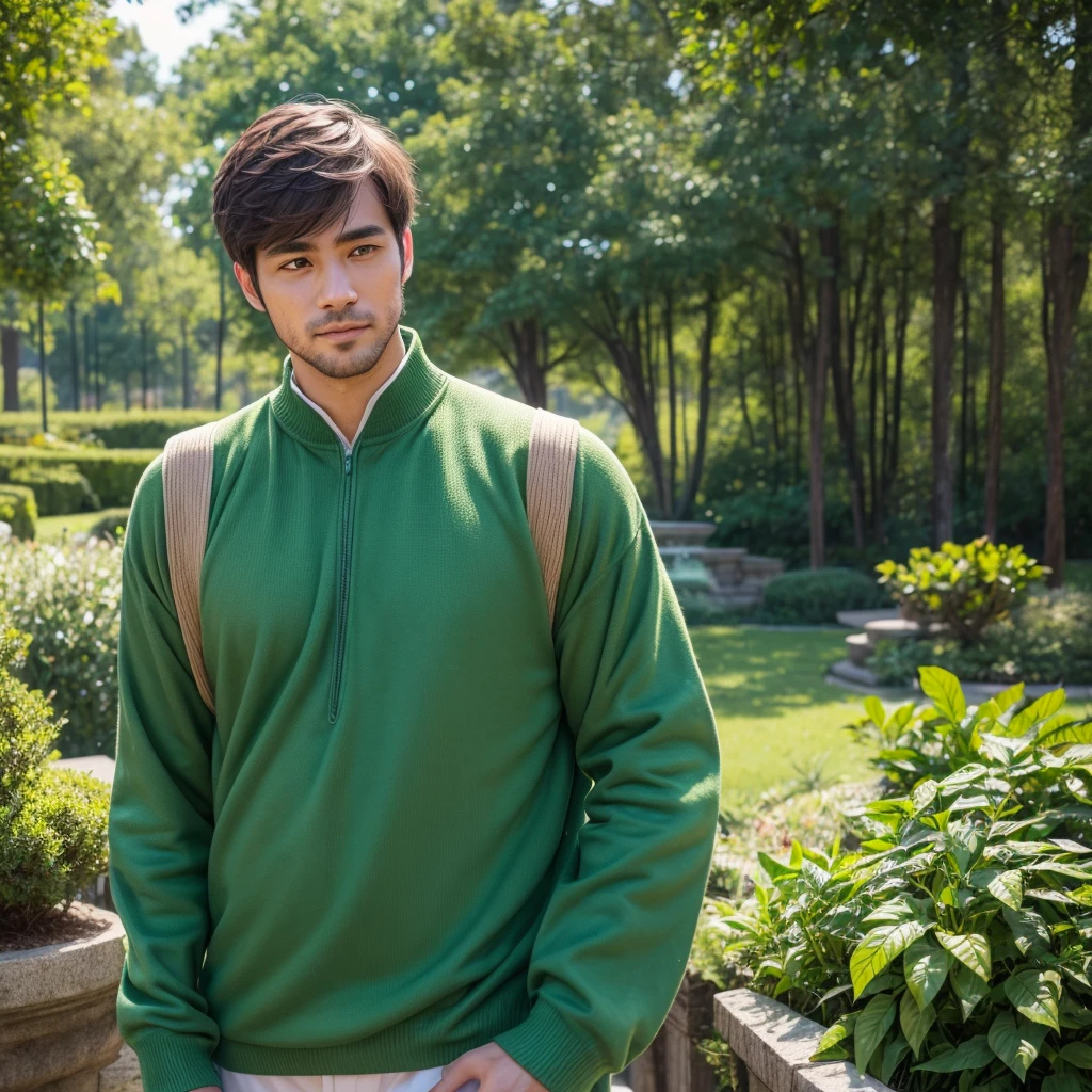 A passionate and idealistic man, dressed in green clothing, representing the INFJ (Advocate) MBTI personality type. He is depicted with a sincere and caring expression, holding his girlfriend's hand with a deep sense of commitment. They are in an inspiring and serene environment, such as a tranquil park or a cozy, thoughtfully decorated room, highlighting his idealism and loyalty. The colors should be vibrant, with the green of his attire emphasizing his personality type.
