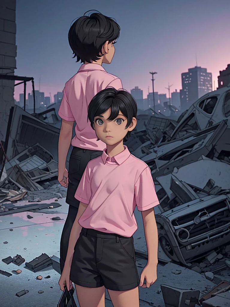 best image], [4k, HD] Boy, short black hair, 11-13 years old, short, light skin, wearing pastel pink shirt, black shorts, back to the Looking at destroyed city on blue fire, blue fire in the background