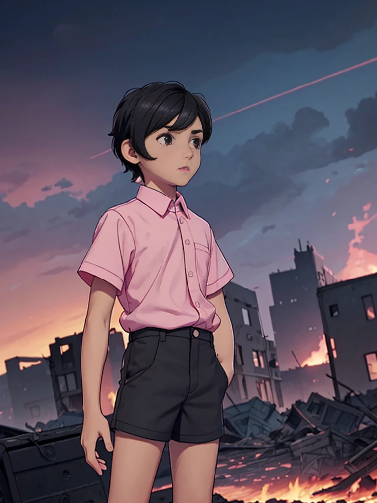 best image], [4k, HD] Boy, short black hair, -13short, light skin, wearing pastel pink shirt, black shorts, back to the Looking at destroyed city on blue fire, blue fire in the background