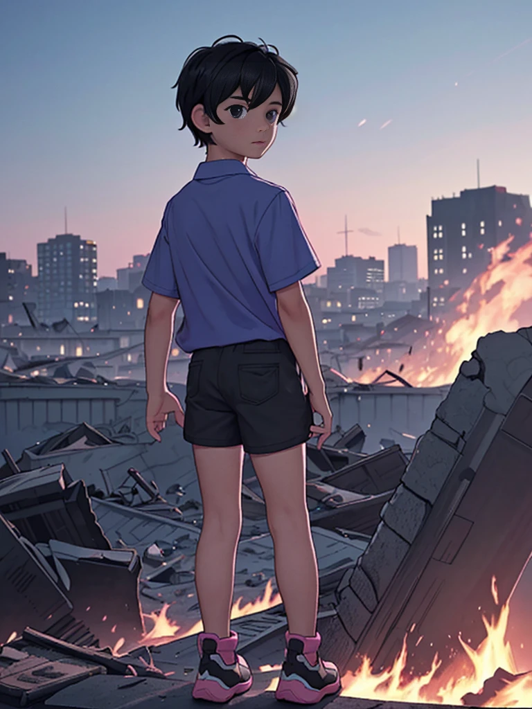 best image], [4k, HD] Boy, short black hair, 11-13 years old, short, light skin, wearing pastel pink shirt, black shorts, back to the Looking at destroyed city on blue fire, blue fire in the background