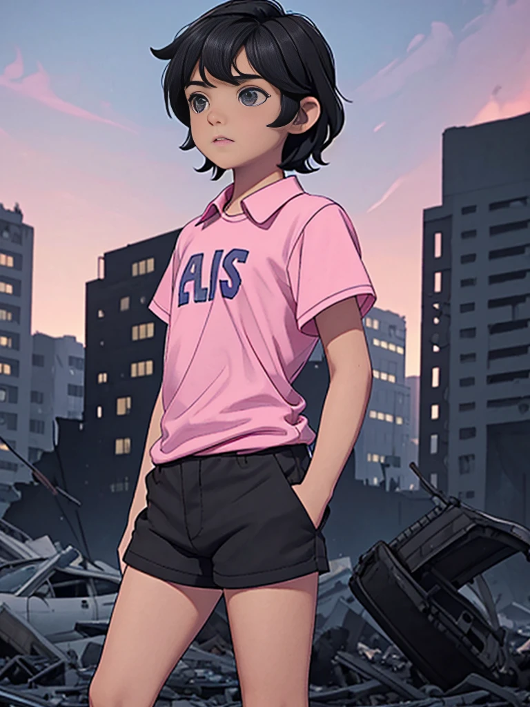 best image], [4k, HD] Boy, short black hair, 11-13 years old, short, light skin, wearing pastel pink shirt, black shorts, back to the Looking at destroyed city on blue fire, blue fire in the background