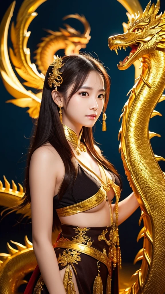 Golden dragon on background、goddess、No exposure、Front facing