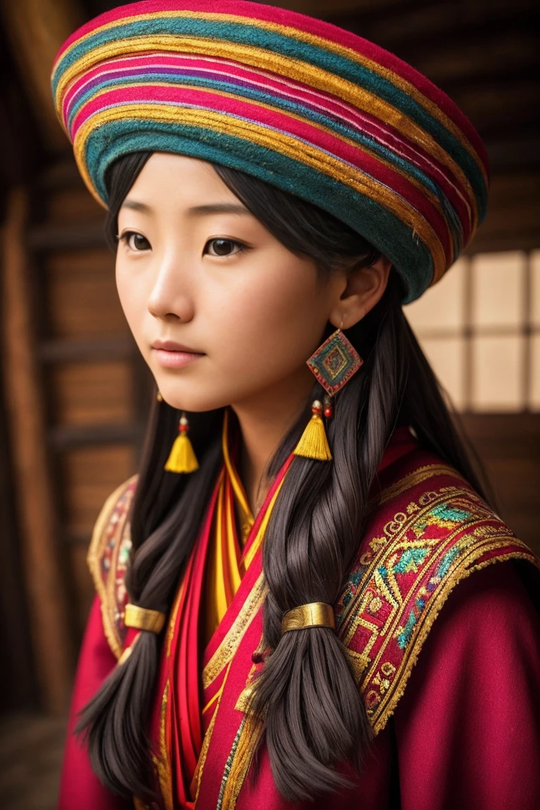 surrealism, Verism, Chiaroscuro, Depth of field, Cinematic lighting, movie picture quality,strong contrast of light and shadow,back lit lighting, filmgrain, hyper HD, Masterpiece, ccurate, Textured skin, Super detail, High details, High quality, Best quality, A high resolution, 8K,The scene is the scenery of the Qinghai-Tibet Plateau,There are snowy mountains,prayer flags,wooden cabin,「A beautiful 28-year-old Tibetan girl」,The costumes are Tibetan art costumes,Photographic style
