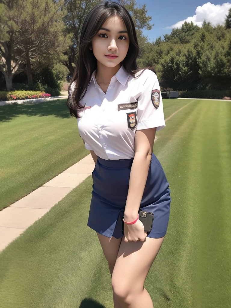 1girl, (uniform), standing, outdoors, detailed face, detailed eyes, thick breasts, shiny skin, short skirt, looking at the audience, low angle shot,(8k, RAW photo, best quality, masterpiece: 1.2), (realistic, realistic: 1.37), ultra-high resolution